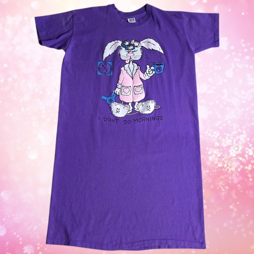 VTG Anvil Womens 1988 I Don't Do Mornings Bunny Night Dress Purple OSFA FLAWS
